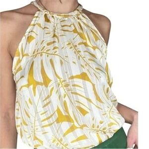 Joie Yellow White Palm Leaf Halter Top Smocked Waist Size Medium